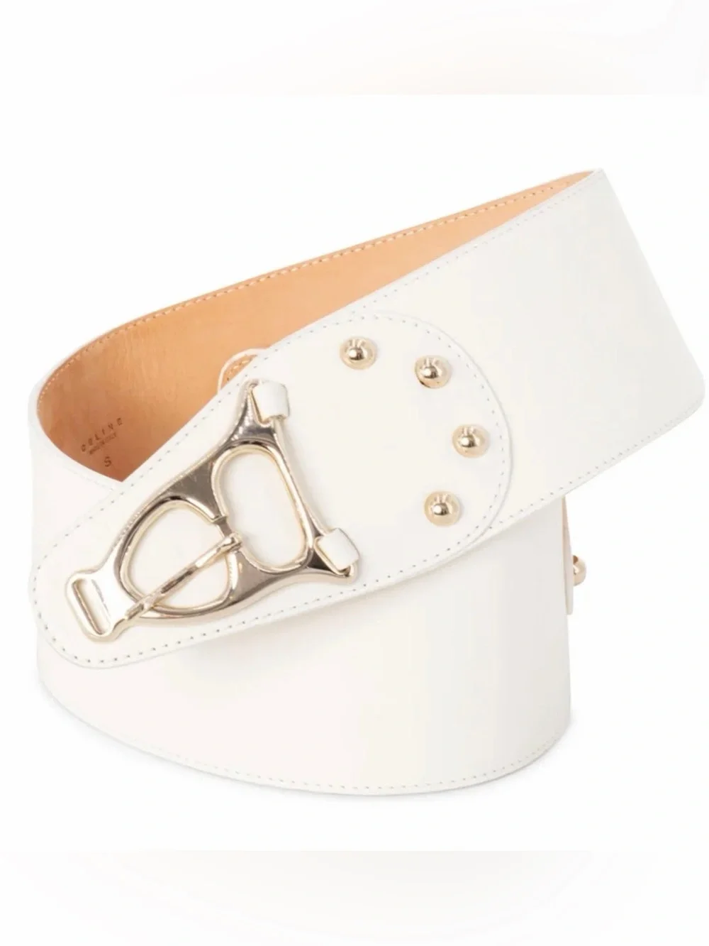 Vintage Celine White Leather Wide Belt with Silver Buckle Detail